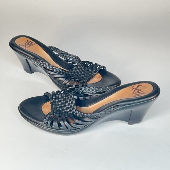 Sofft Black Soft Leather Braided Open-toe Wedges Heels Shoes 6 - Picture 1 of 16